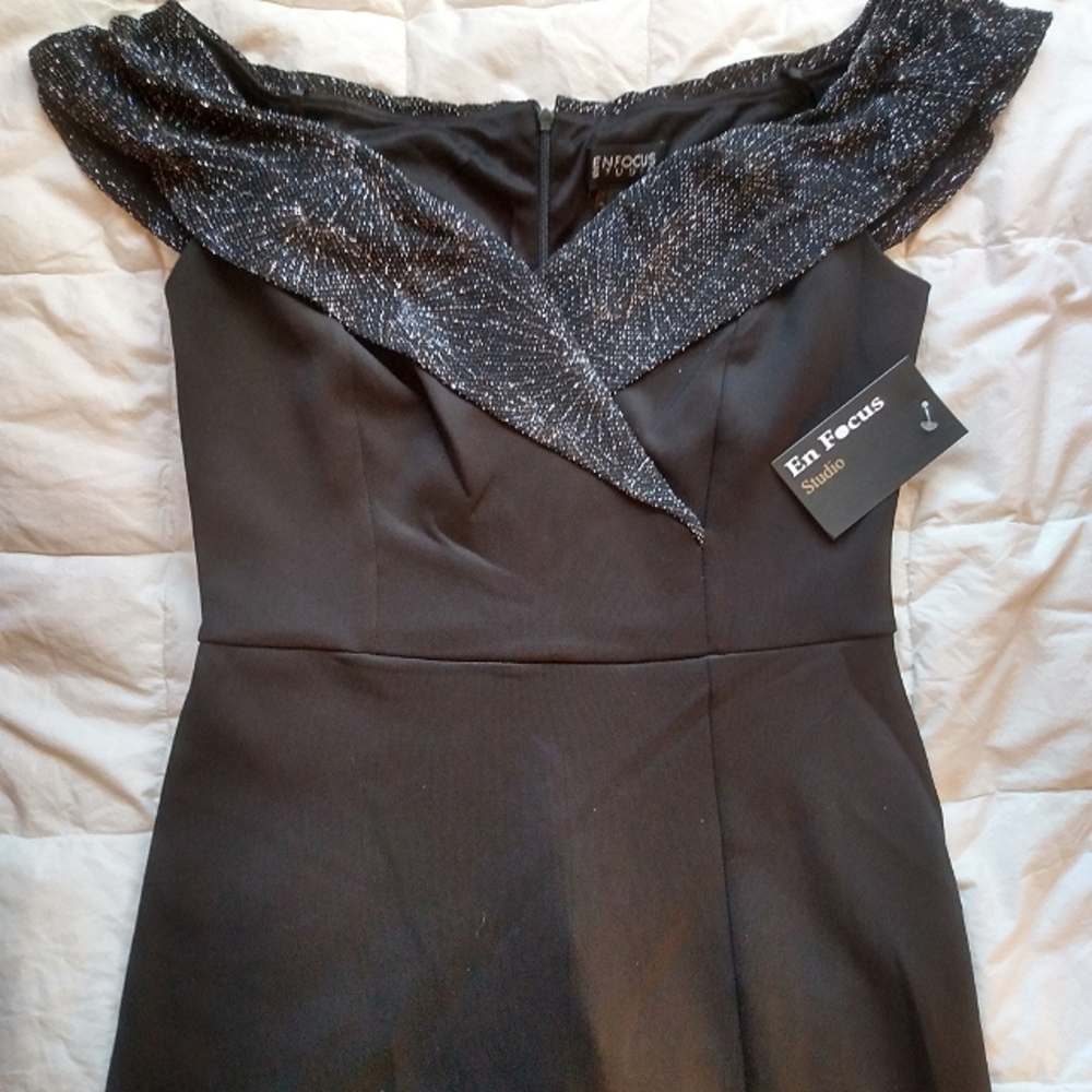 EnFocus studio black off the shoulder silver glittered collar dress